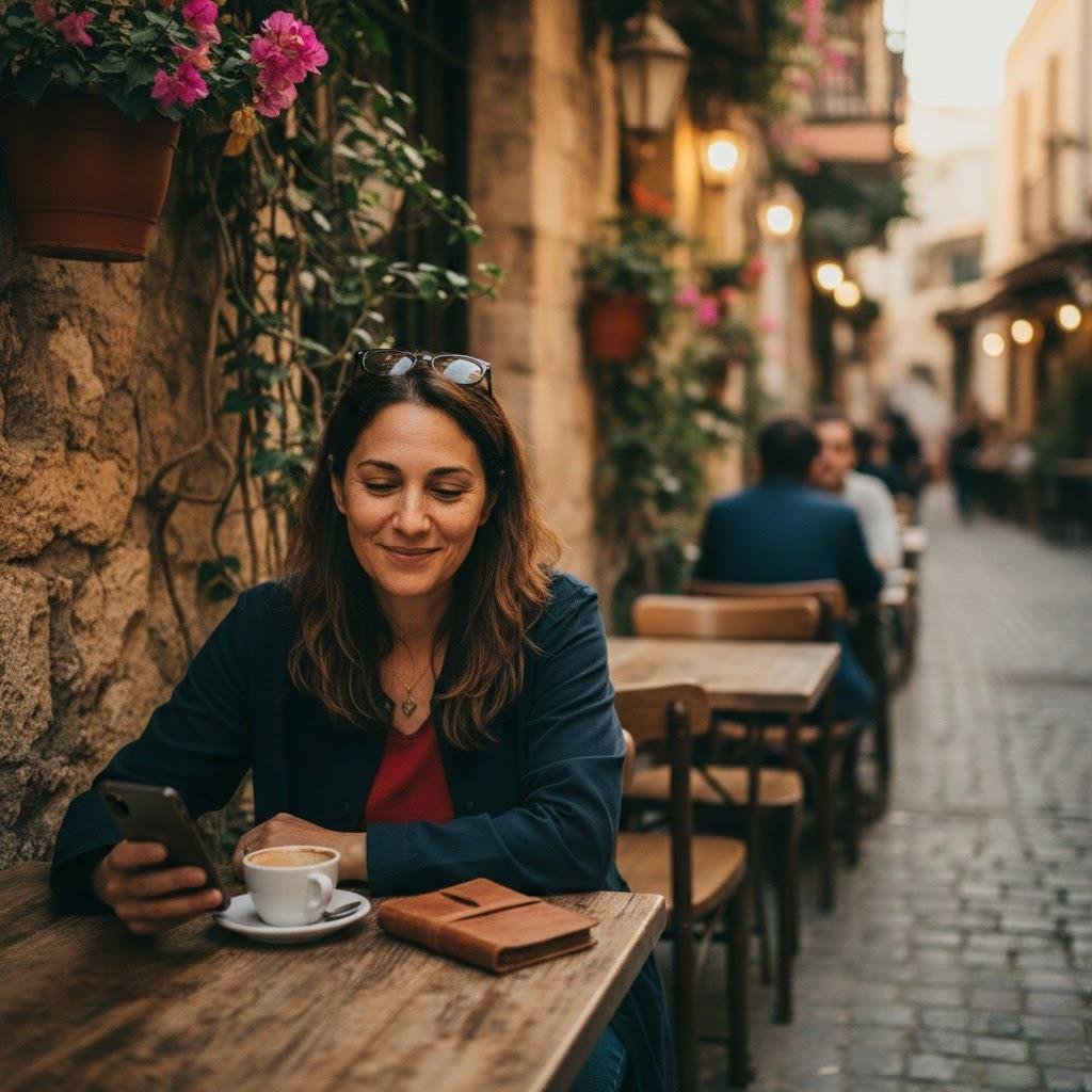 Woman checking her phone at an outdoor café